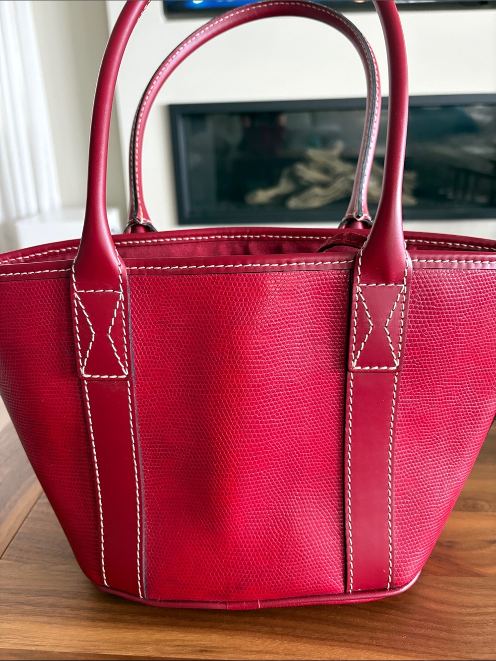Structured Red Women's Tote with White Contrast Stitching